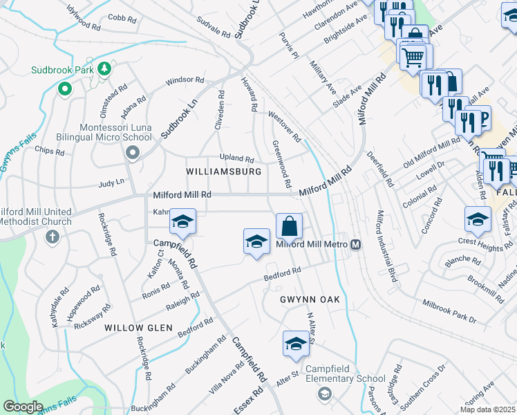 map of restaurants, bars, coffee shops, grocery stores, and more near 602 Kahn Drive in Pikesville