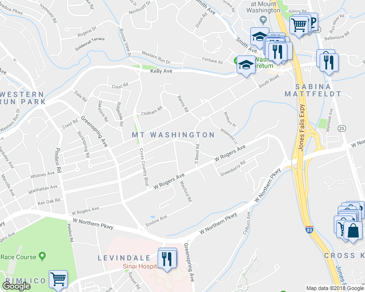 map of restaurants, bars, coffee shops, grocery stores, and more near 2107 Carterdale Road in Baltimore
