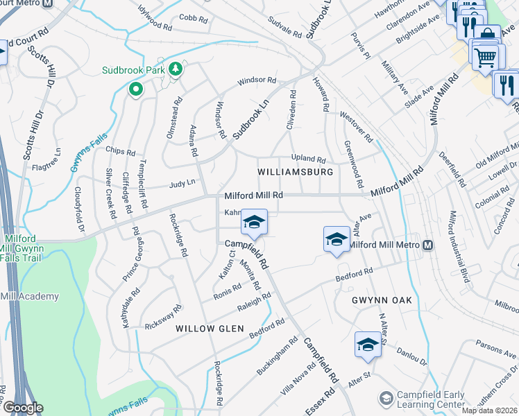 map of restaurants, bars, coffee shops, grocery stores, and more near 708 Kahn Drive in Pikesville