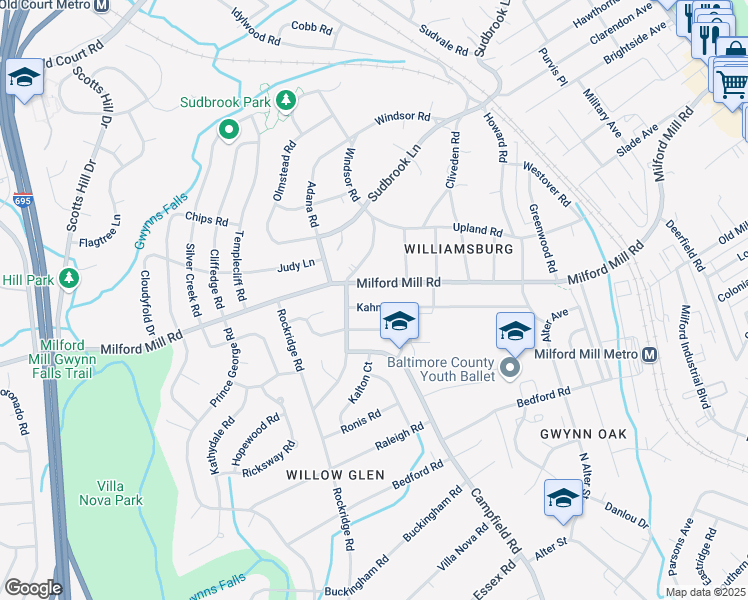 map of restaurants, bars, coffee shops, grocery stores, and more near 720 Kahn Drive in Pikesville