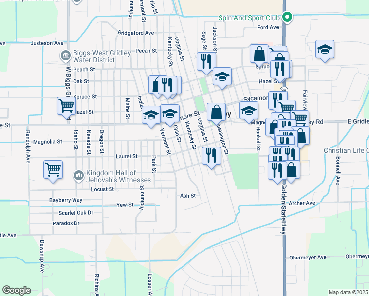 map of restaurants, bars, coffee shops, grocery stores, and more near 300 Ohio Street in Gridley