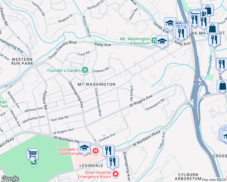 map of restaurants, bars, coffee shops, grocery stores, and more near 2201 South Road in Baltimore