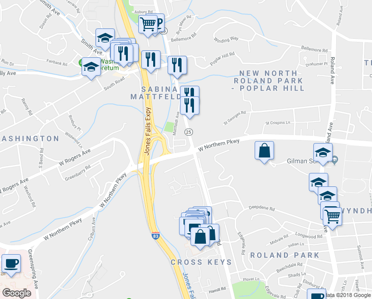 map of restaurants, bars, coffee shops, grocery stores, and more near 1206 West Northern Parkway in Baltimore