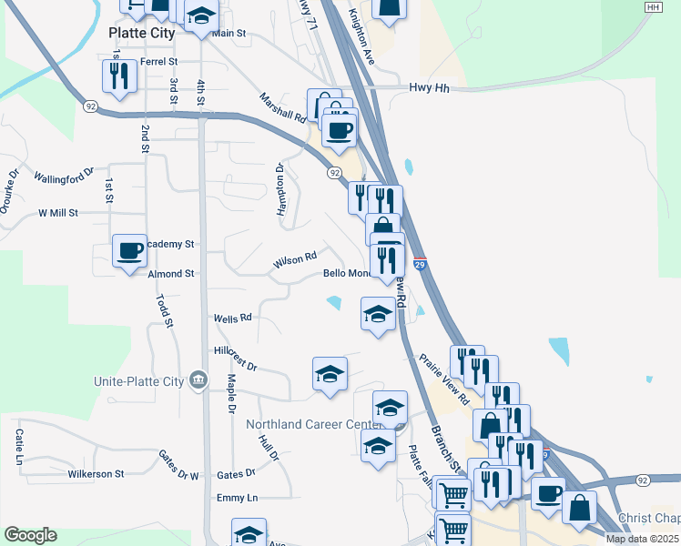 map of restaurants, bars, coffee shops, grocery stores, and more near 902 Bellomondo Drive in Platte City