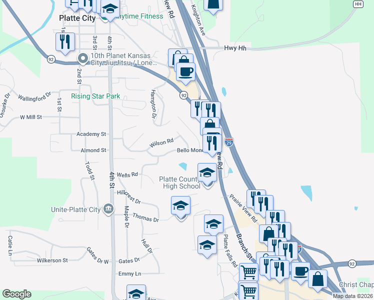 map of restaurants, bars, coffee shops, grocery stores, and more near 904 Bellomondo Drive in Platte City