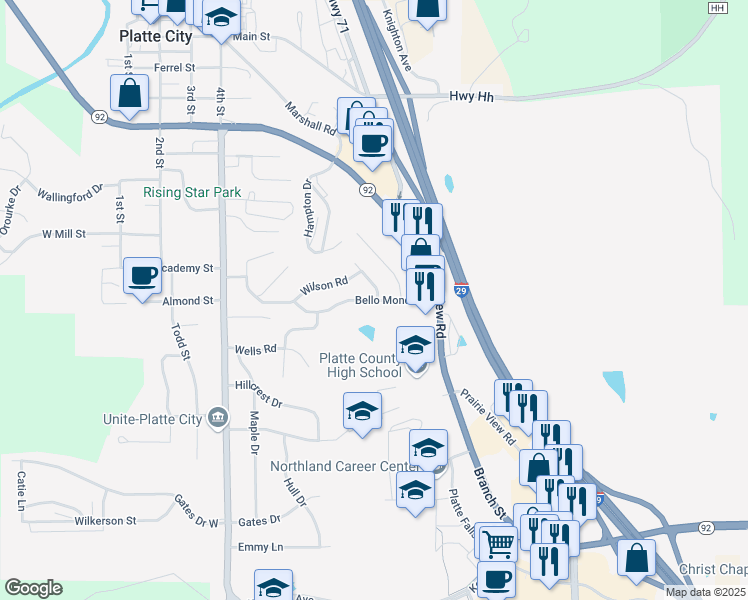 map of restaurants, bars, coffee shops, grocery stores, and more near 903 Bellomondo Drive in Platte City