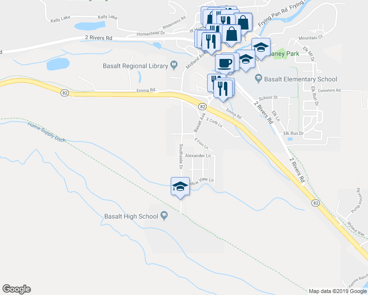 map of restaurants, bars, coffee shops, grocery stores, and more near 265 Southside Dr in Basalt