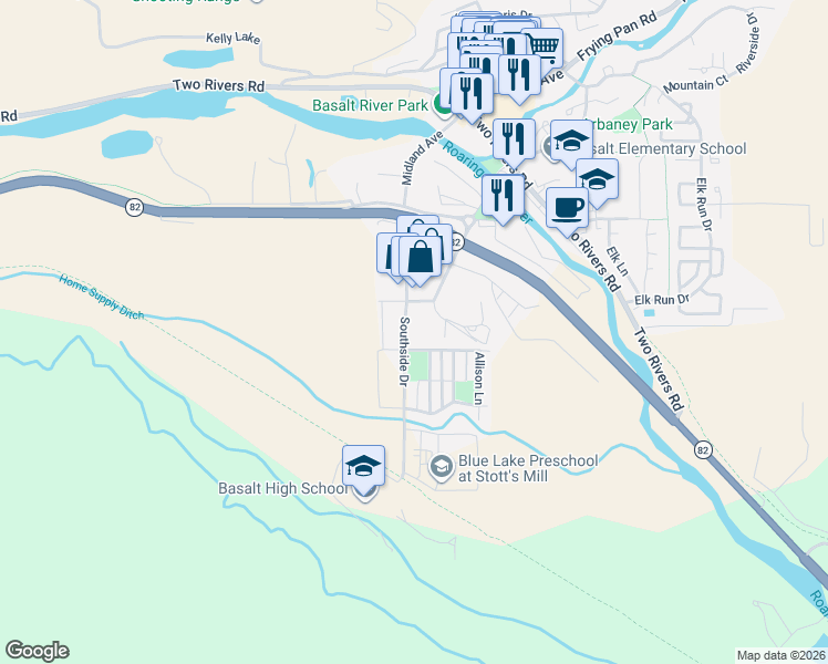 map of restaurants, bars, coffee shops, grocery stores, and more near 265 Southside Drive in Basalt
