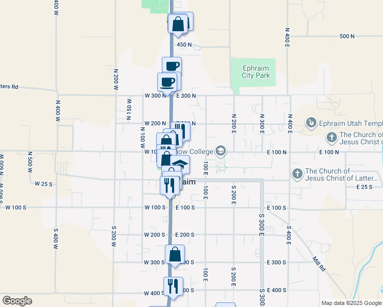 map of restaurants, bars, coffee shops, grocery stores, and more near 58 East 100 North in Ephraim