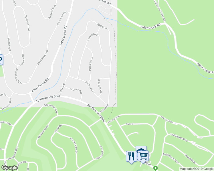 map of restaurants, bars, coffee shops, grocery stores, and more near 12584 Hillside Drive in Truckee