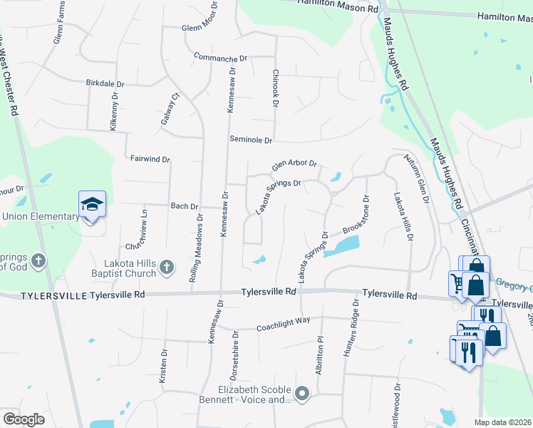 map of restaurants, bars, coffee shops, grocery stores, and more near 7660 West Lake Drive in Butler County