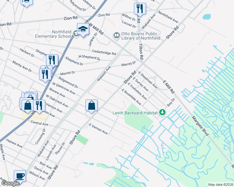 map of restaurants, bars, coffee shops, grocery stores, and more near 2404 Shore Road in Northfield