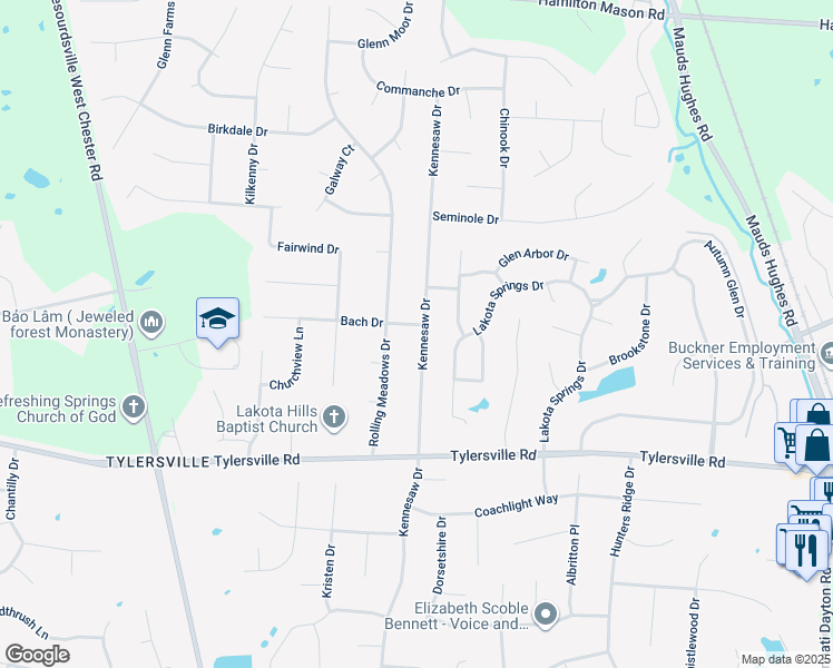 map of restaurants, bars, coffee shops, grocery stores, and more near 7673 Kennesaw Drive in Butler County