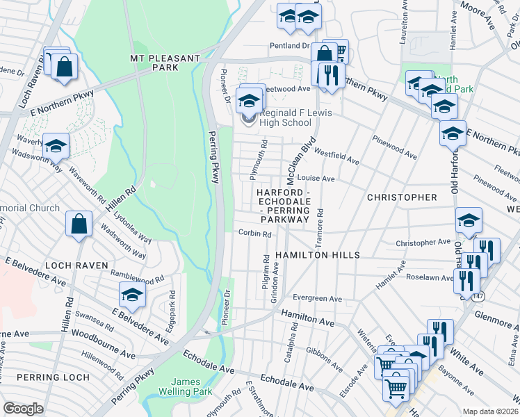 map of restaurants, bars, coffee shops, grocery stores, and more near 2210 Cloville Avenue in Baltimore