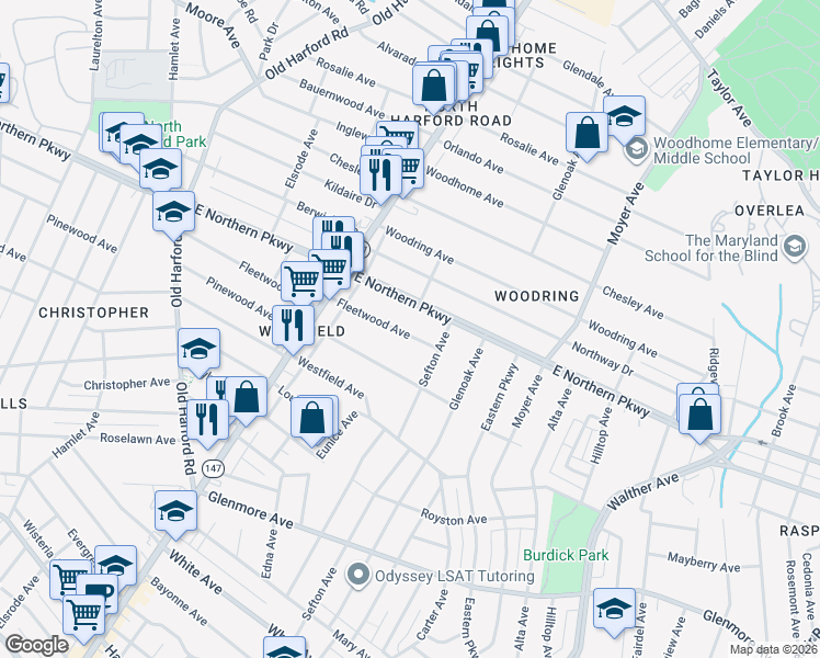 map of restaurants, bars, coffee shops, grocery stores, and more near 3028 Fleetwood Avenue in Baltimore