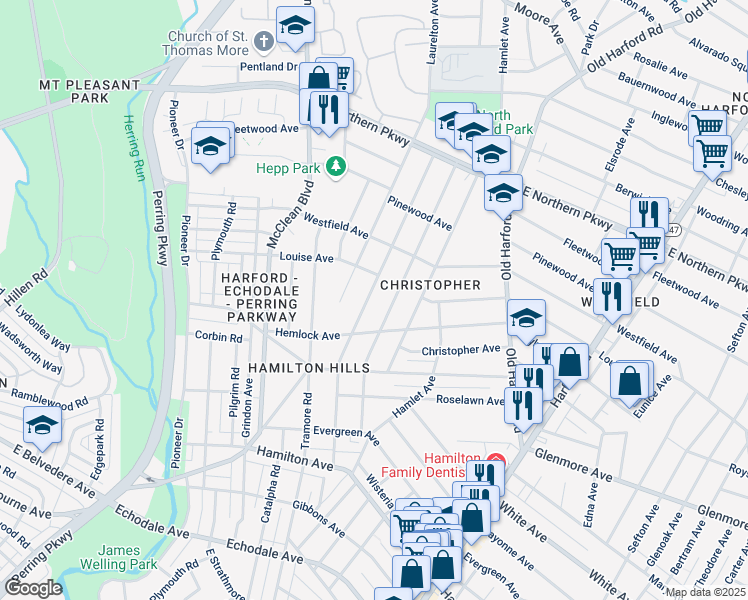 map of restaurants, bars, coffee shops, grocery stores, and more near 6213 Fair Oaks Avenue in Baltimore