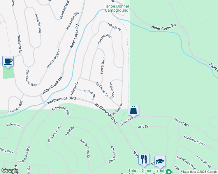 map of restaurants, bars, coffee shops, grocery stores, and more near 12562 Saint Moritz Lane in Truckee