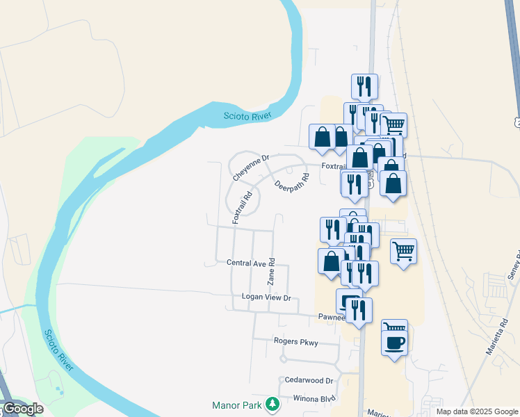 map of restaurants, bars, coffee shops, grocery stores, and more near 247 Northview Drive in Chillicothe