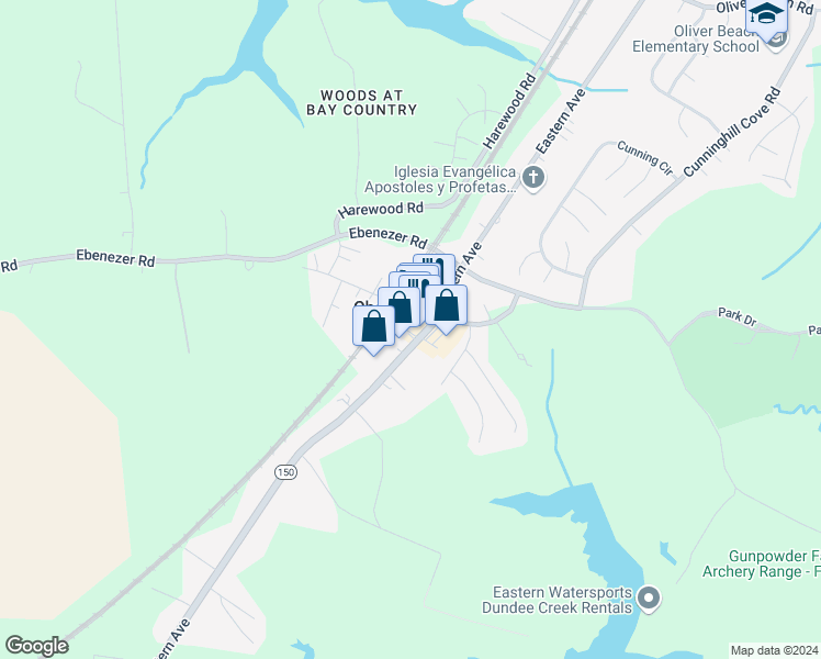 map of restaurants, bars, coffee shops, grocery stores, and more near 12536 Eastern Avenue in Middle River