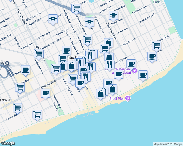 map of restaurants, bars, coffee shops, grocery stores, and more near 1211 Pacific Avenue in Atlantic City