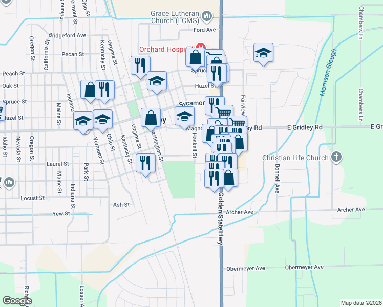 map of restaurants, bars, coffee shops, grocery stores, and more near 320 Norman Street in Gridley