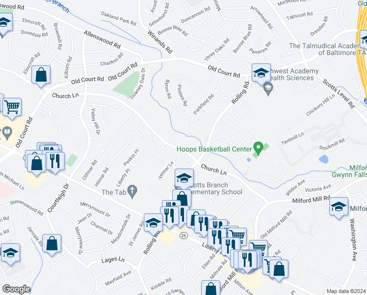 map of restaurants, bars, coffee shops, grocery stores, and more near 3698 Yennar Lane in Milford Mill