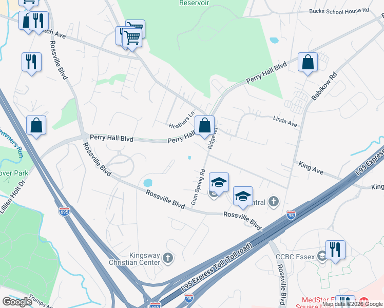 map of restaurants, bars, coffee shops, grocery stores, and more near 4745 Ridge Road in Nottingham
