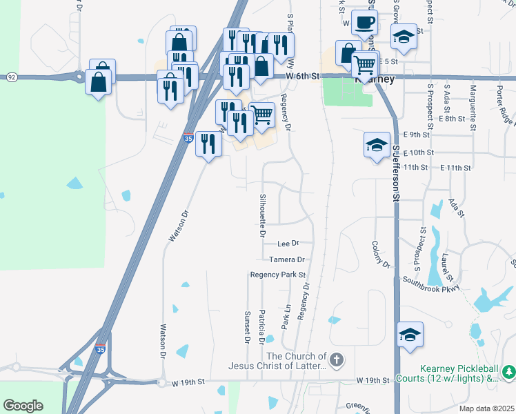 map of restaurants, bars, coffee shops, grocery stores, and more near 1116 Silhouette Dr in Kearney