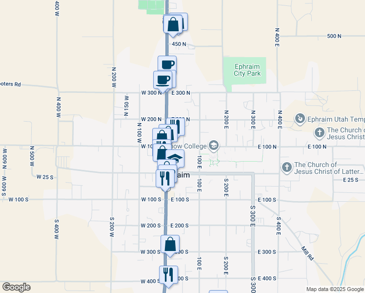 map of restaurants, bars, coffee shops, grocery stores, and more near 58 East 100 North in Ephraim