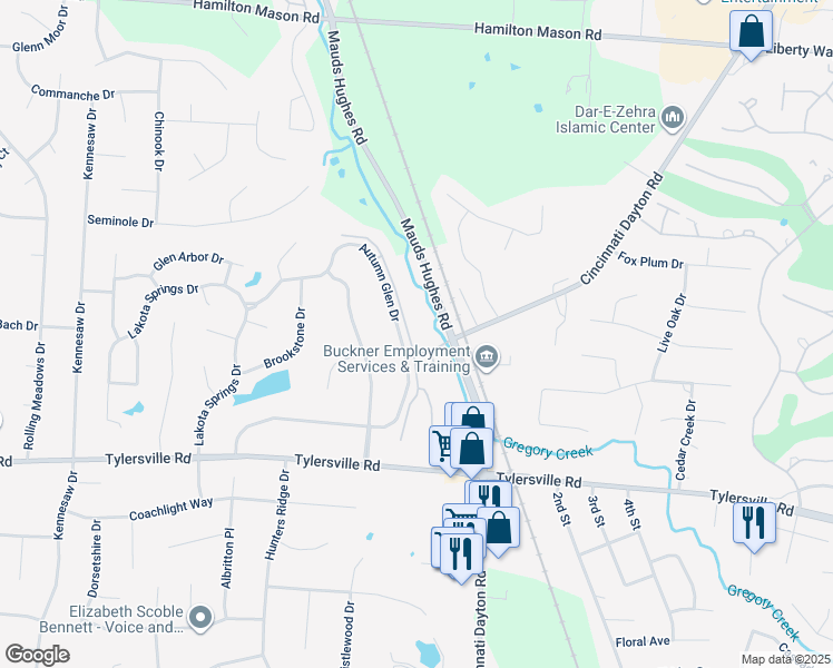 map of restaurants, bars, coffee shops, grocery stores, and more near 7636 Shawnee Lane in Butler County