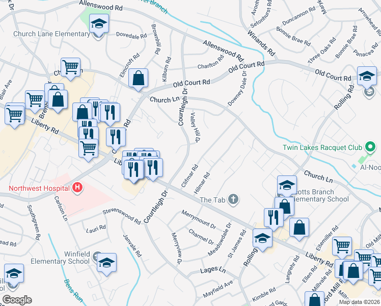 map of restaurants, bars, coffee shops, grocery stores, and more near 3625 Courtleigh Drive in Randallstown