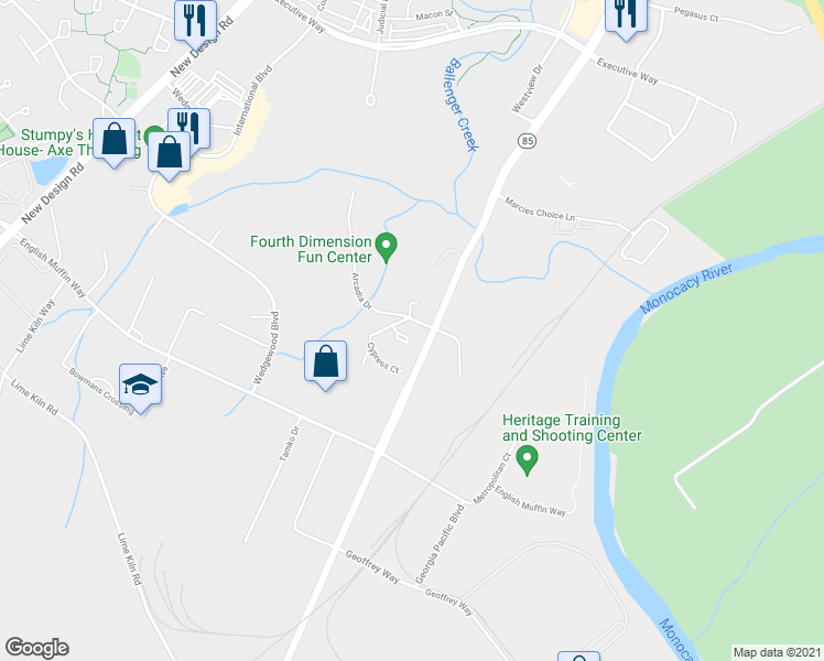 map of restaurants, bars, coffee shops, grocery stores, and more near 7297 Coachlight Court in Frederick