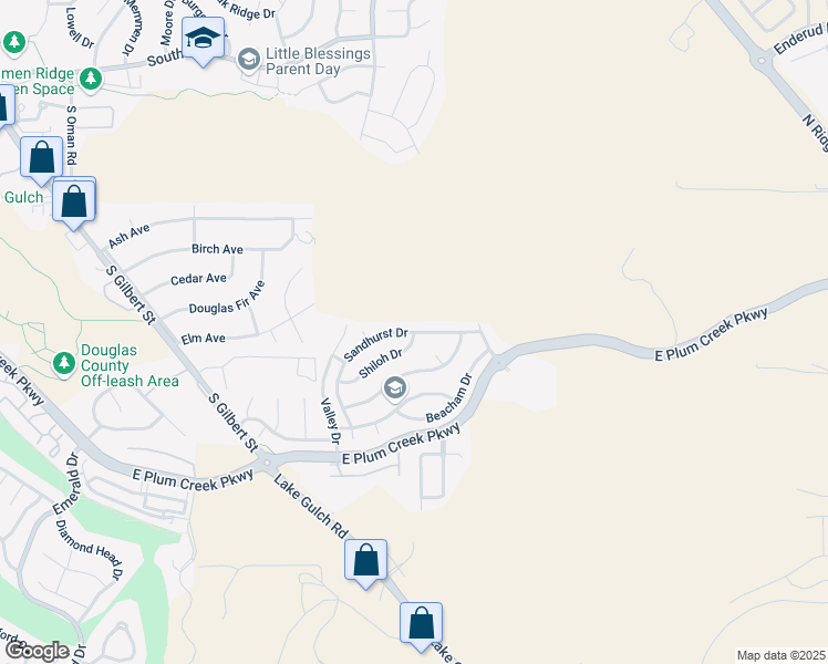 map of restaurants, bars, coffee shops, grocery stores, and more near Sandhurst Drive in Castle Rock
