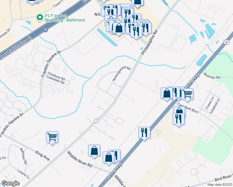 map of restaurants, bars, coffee shops, grocery stores, and more near 9904 Philadelphia Road in Rosedale