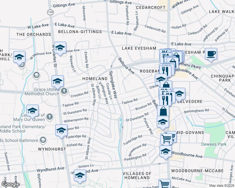 map of restaurants, bars, coffee shops, grocery stores, and more near 5409 Springlake Way in Baltimore