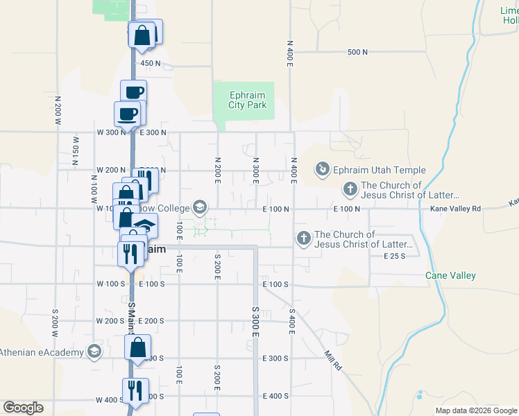 map of restaurants, bars, coffee shops, grocery stores, and more near 100 East 300 North in Ephraim