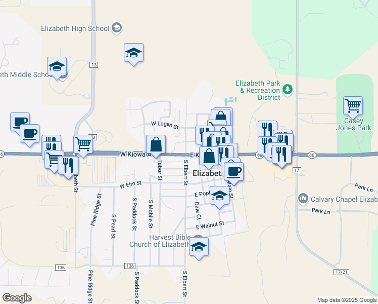 map of restaurants, bars, coffee shops, grocery stores, and more near 209 East Kiowa Avenue in Elizabeth