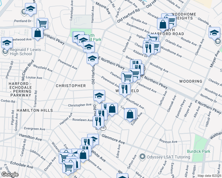 map of restaurants, bars, coffee shops, grocery stores, and more near 2902 Westfield Avenue in Baltimore