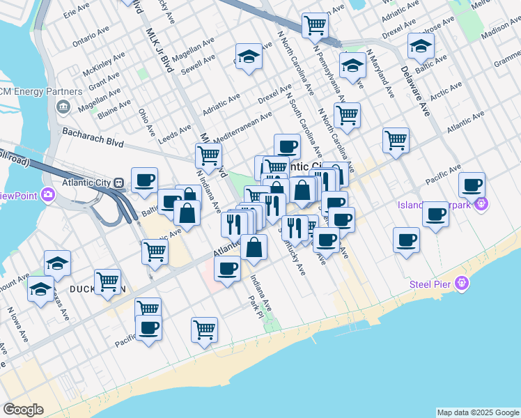 map of restaurants, bars, coffee shops, grocery stores, and more near 25 North Mount Vernon Avenue in Atlantic City