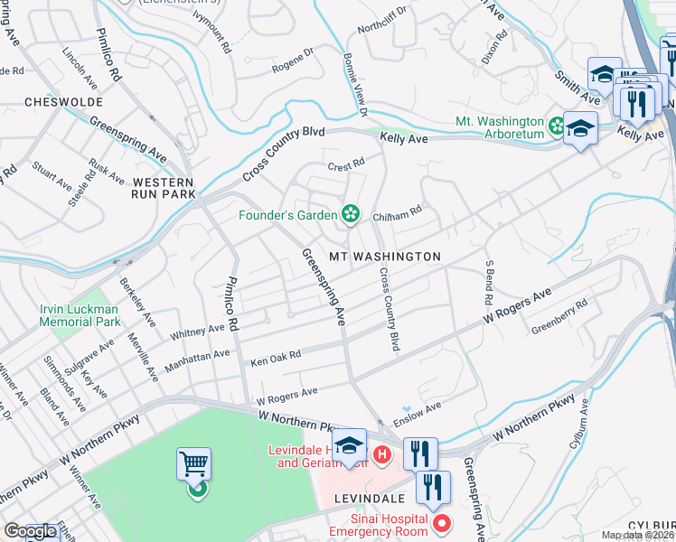 map of restaurants, bars, coffee shops, grocery stores, and more near 2316 Sulgrave Avenue in Baltimore