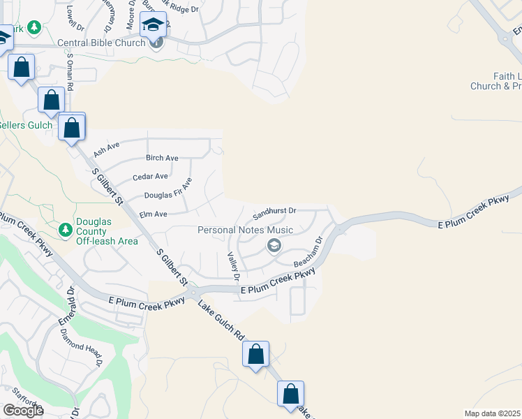 map of restaurants, bars, coffee shops, grocery stores, and more near 2047 Sandhurst Drive in Castle Rock