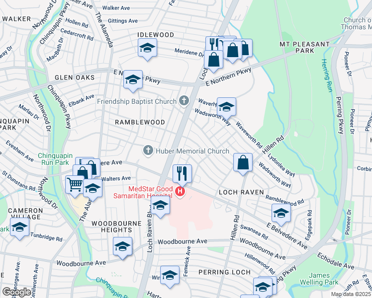 map of restaurants, bars, coffee shops, grocery stores, and more near 1504 Ramblewood Road in Baltimore