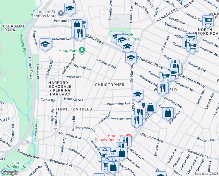 map of restaurants, bars, coffee shops, grocery stores, and more near 6301 Marietta Avenue in Baltimore