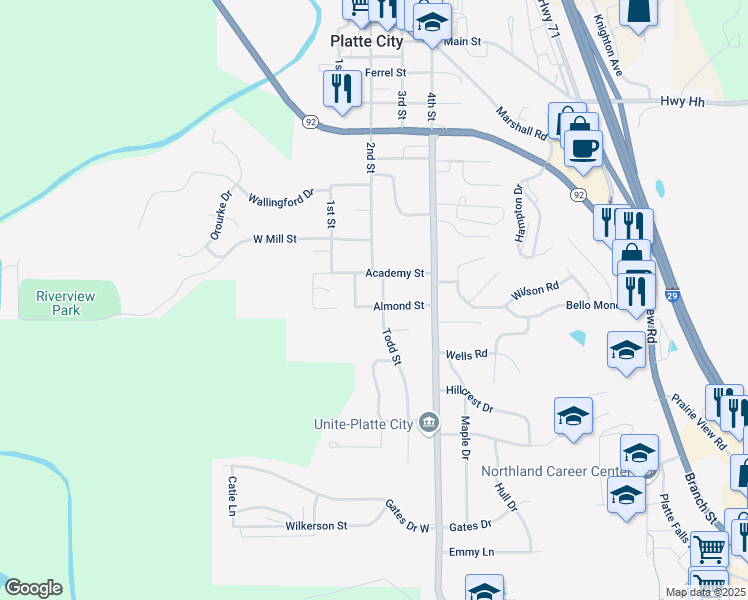 map of restaurants, bars, coffee shops, grocery stores, and more near 1312 Todd Street in Platte City
