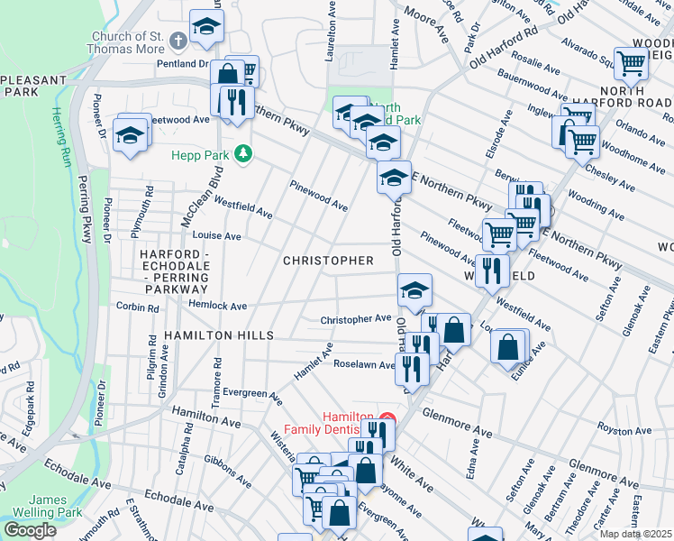 map of restaurants, bars, coffee shops, grocery stores, and more near 2702 Louise Avenue in Baltimore
