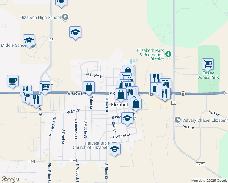 map of restaurants, bars, coffee shops, grocery stores, and more near 209 East Kiowa Avenue in Elizabeth