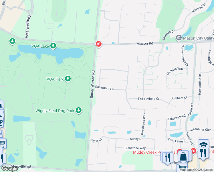 map of restaurants, bars, coffee shops, grocery stores, and more near 6608 Rosemont Lane in Mason