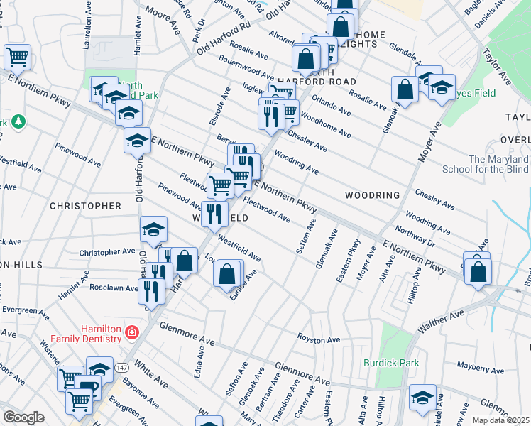 map of restaurants, bars, coffee shops, grocery stores, and more near 3015 Fleetwood Avenue in Baltimore