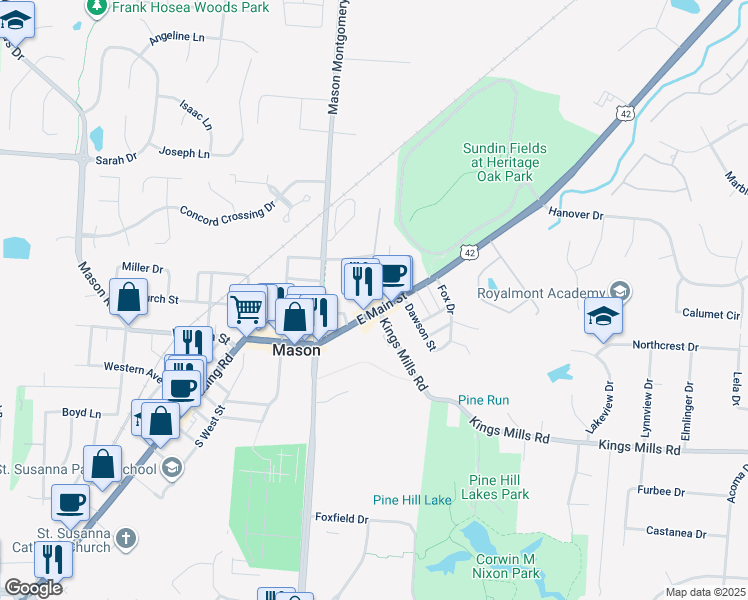 map of restaurants, bars, coffee shops, grocery stores, and more near 207 East Main Street in Mason