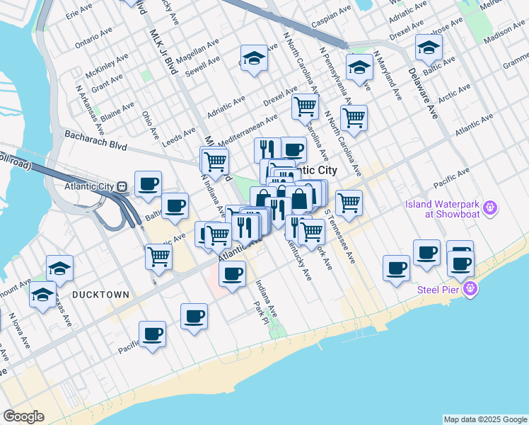 map of restaurants, bars, coffee shops, grocery stores, and more near 27 North Mount Vernon Avenue in Atlantic City